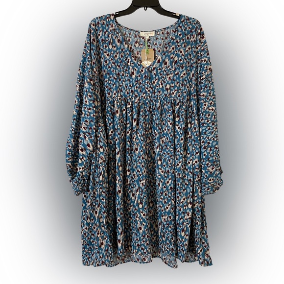 Umgee Dresses Umgee Plus Teal Printed Long Balloon Sleeve Babydoll